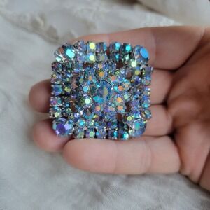 Vintage 60s Aurora Borealis Rhinestone Square Brooch Blue Iridescent Dimensional